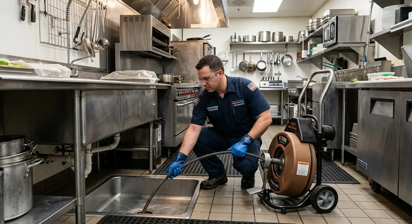 Commercial drain cleaning service in a restaurant kitchen in Ramsey
