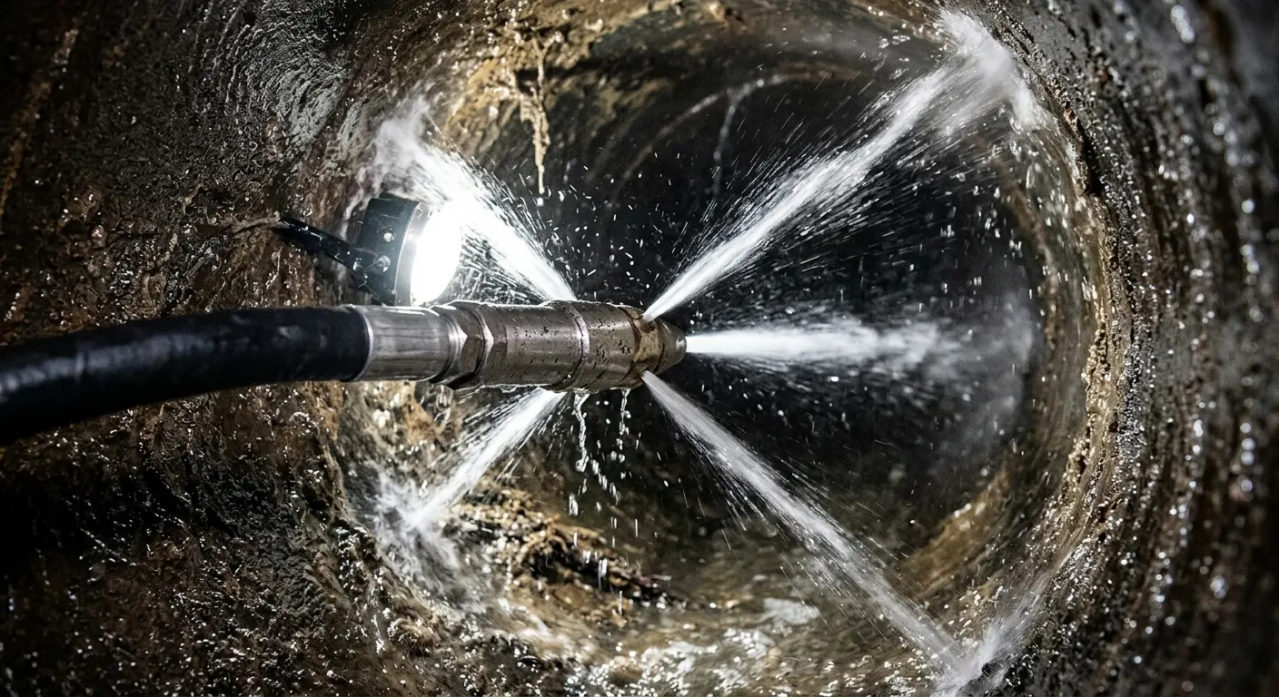 High-pressure hydro jetting nozzle cleaning sewer pipe for Trenchless Sewer Repair in Ramsey
