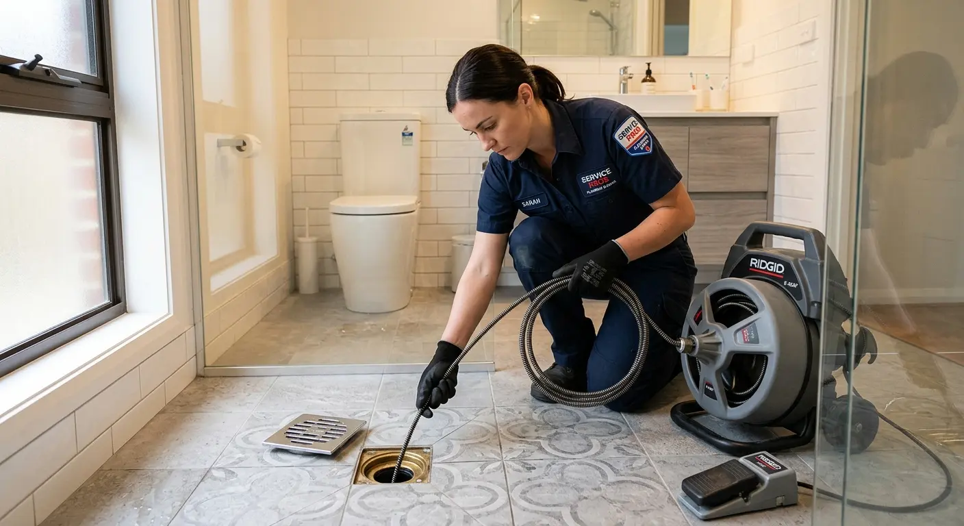 Technician clearing a bathroom floor drain for Clogged Drain Repair in Ramsey
